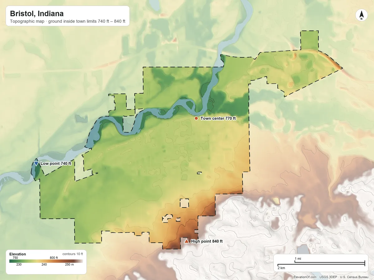 Topographic elevation map of Bristol, Indiana, shaded from 740 ft on the west side to 840 ft on the south side