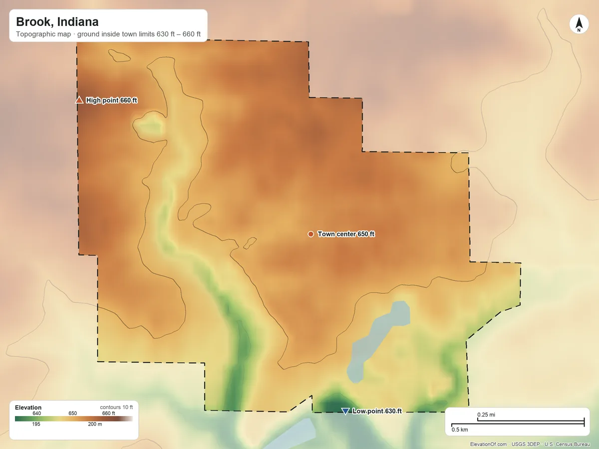 Topographic elevation map of Brook, Indiana, shaded from 630 ft on the south side to 660 ft on the northwest side