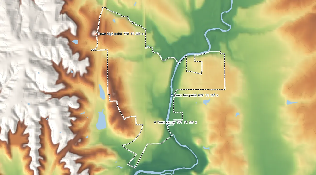 Topographic elevation map of Brooklyn, Indiana, shaded from 620 ft on the northeast side to 770 ft on the northwest side