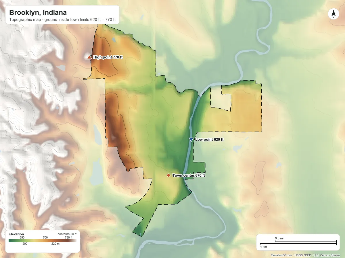 Topographic elevation map of Brooklyn, Indiana, shaded from 620 ft on the northeast side to 770 ft on the northwest side