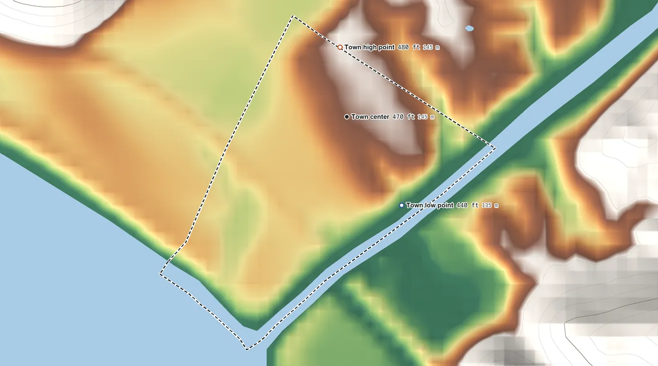 Topographic elevation map of Brooksburg, Indiana, shaded from 440 ft on the southeast side to 480 ft on the north edge, below higher ground just outside