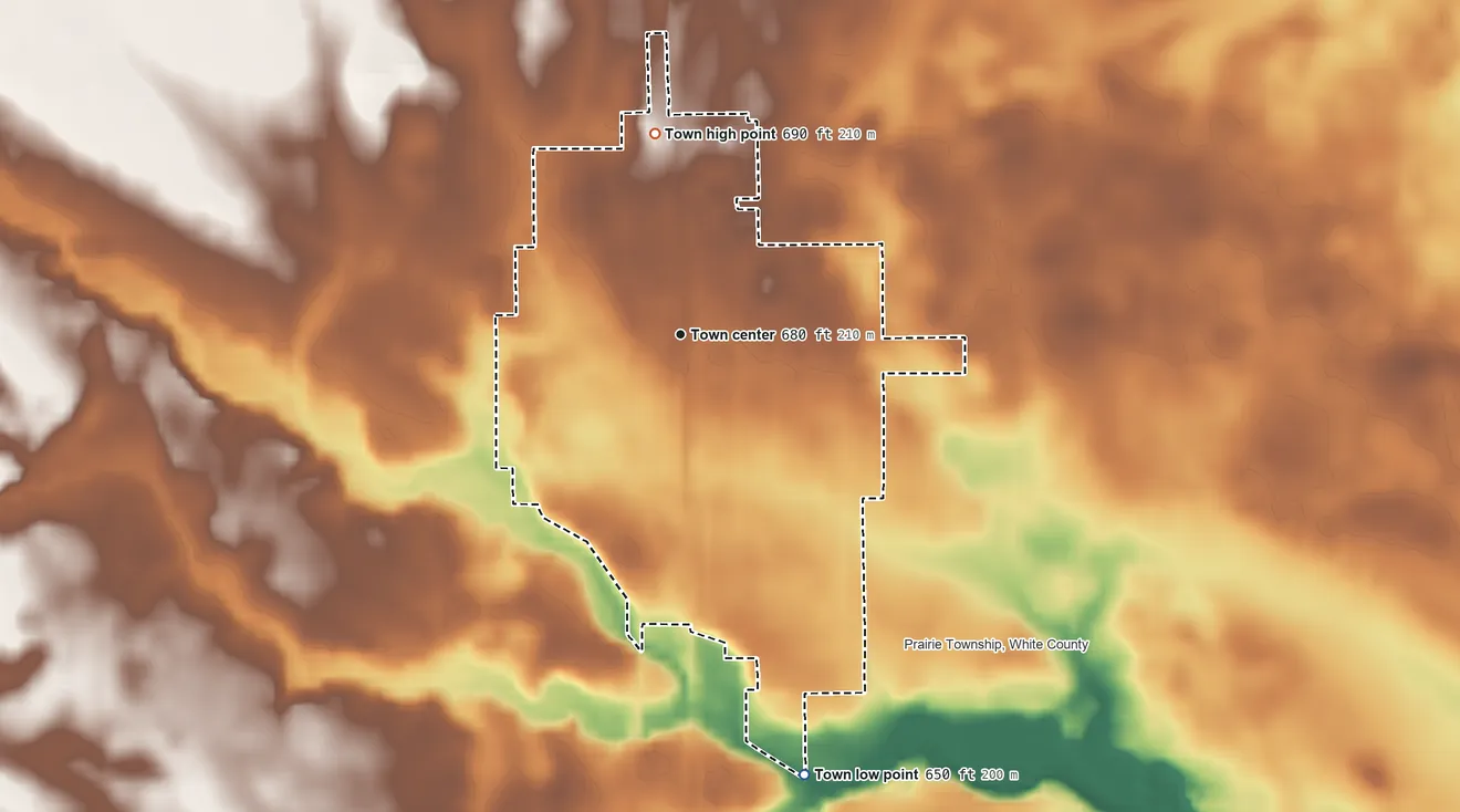 Topographic elevation map of Brookston, Indiana, shaded from 650 ft on the south side to 690 ft on the north side