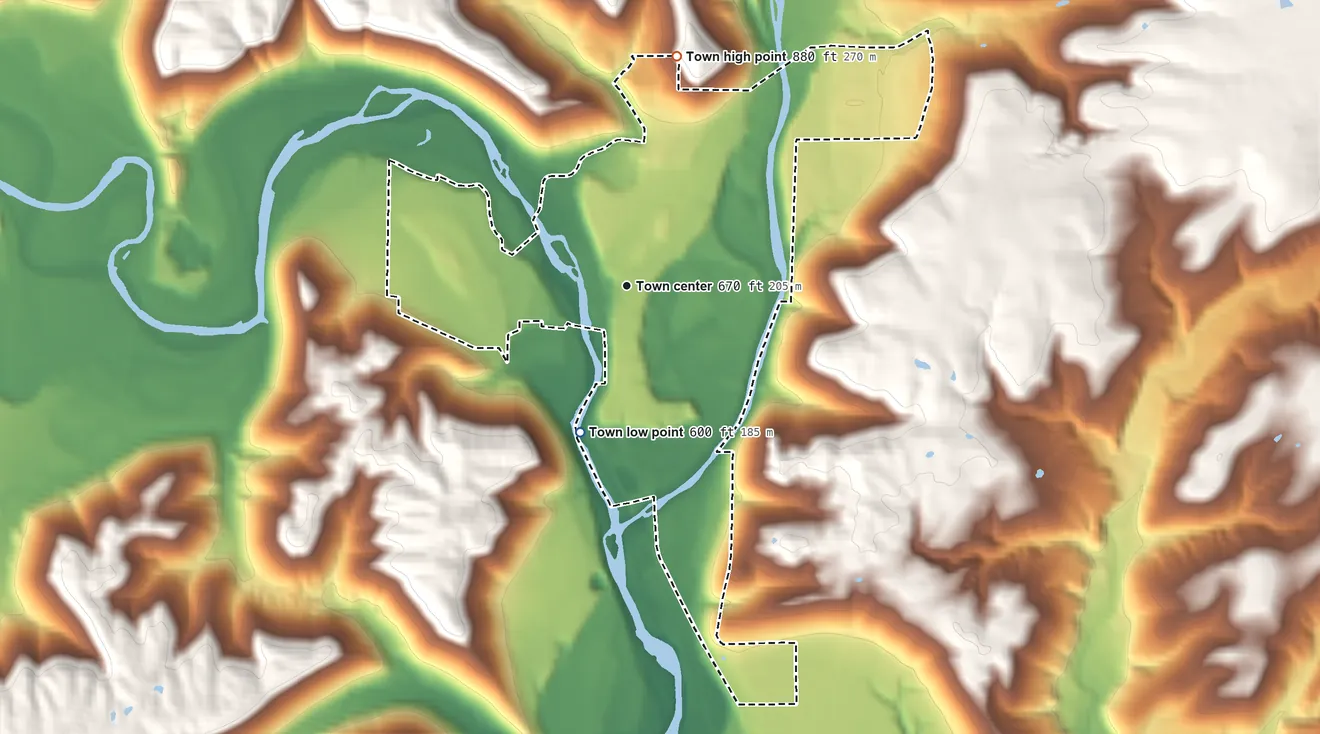 Topographic elevation map of Brookville, Indiana, shaded from 600 ft on the south side to 880 ft on the north side