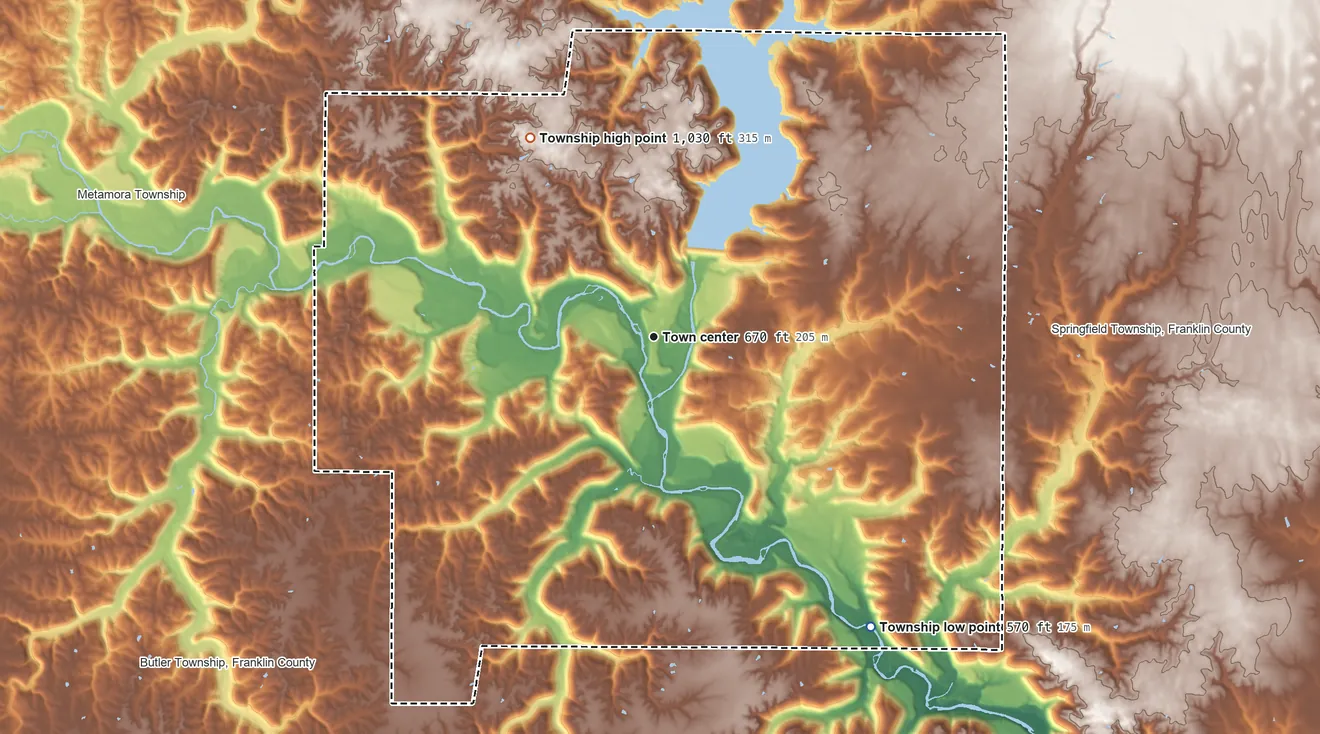 Topographic elevation map of Brookville Township, Indiana, shaded from 570 ft on the southeast side to 1,030 ft on the northwest side