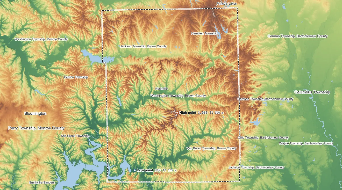 Topographic elevation map of Brown County, Indiana, shaded from 540 ft on the southwest side to 1,060 ft on Weed Patch Hill