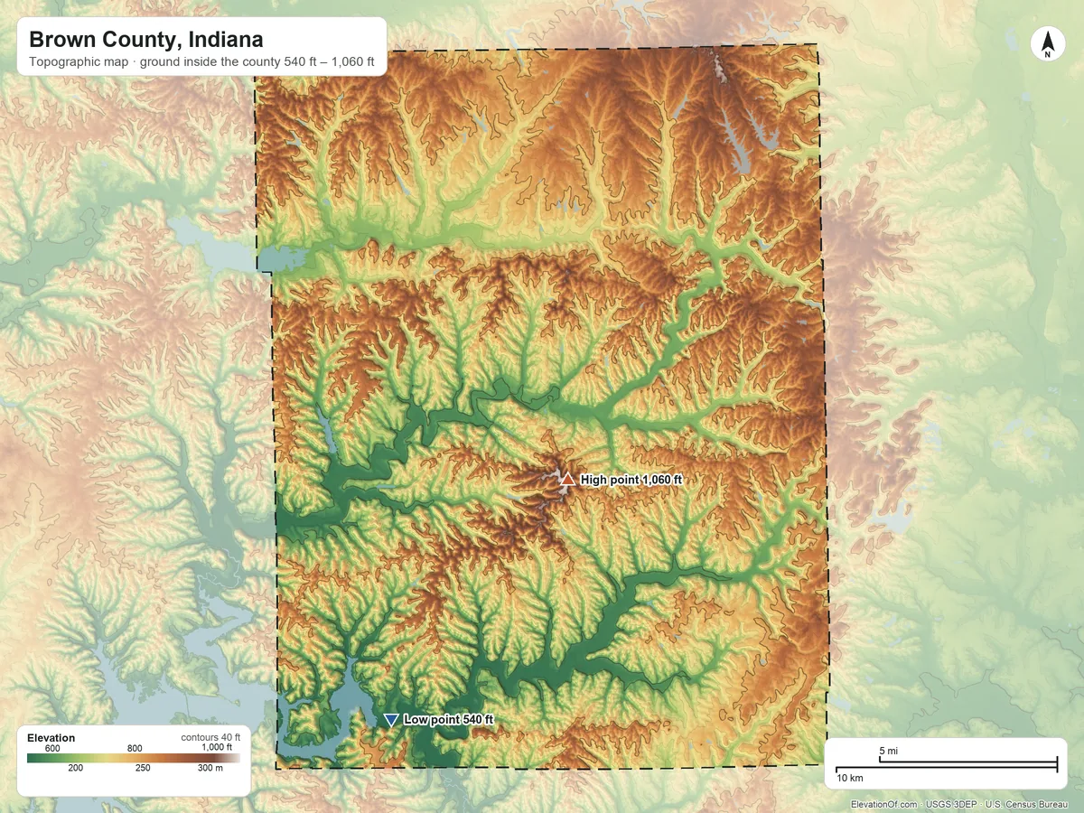 Topographic elevation map of Brown County, Indiana, shaded from 540 ft on the southwest side to 1,060 ft on Weed Patch Hill
