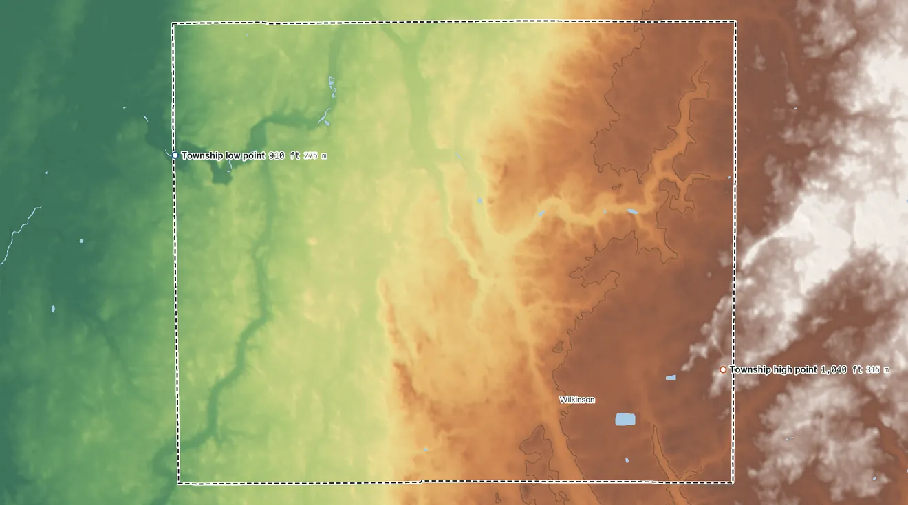 Topographic elevation map of Brown Township, Hancock County, Indiana, shaded from 910 ft on the northwest side to 1,040 ft on the east side