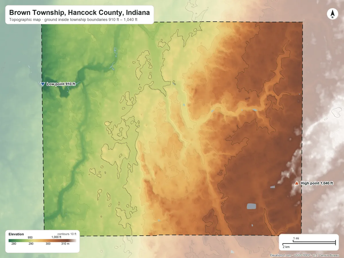 Topographic elevation map of Brown Township, Hancock County, Indiana, shaded from 910 ft on the northwest side to 1,040 ft on the east side