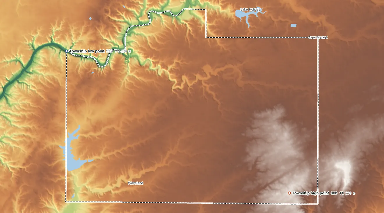 Topographic elevation map of Brown Township, Montgomery County, Indiana, shaded from 550 ft on the northwest side to 880 ft on the southeast side