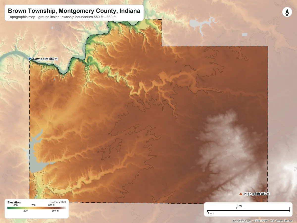 Topographic elevation map of Brown Township, Montgomery County, Indiana, shaded from 550 ft on the northwest side to 880 ft on the southeast side