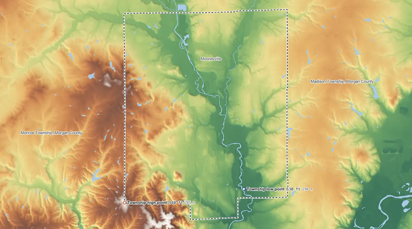 Topographic elevation map of Brown Township, Morgan County, Indiana, shaded from 630 ft on the south side to 940 ft on the southwest side