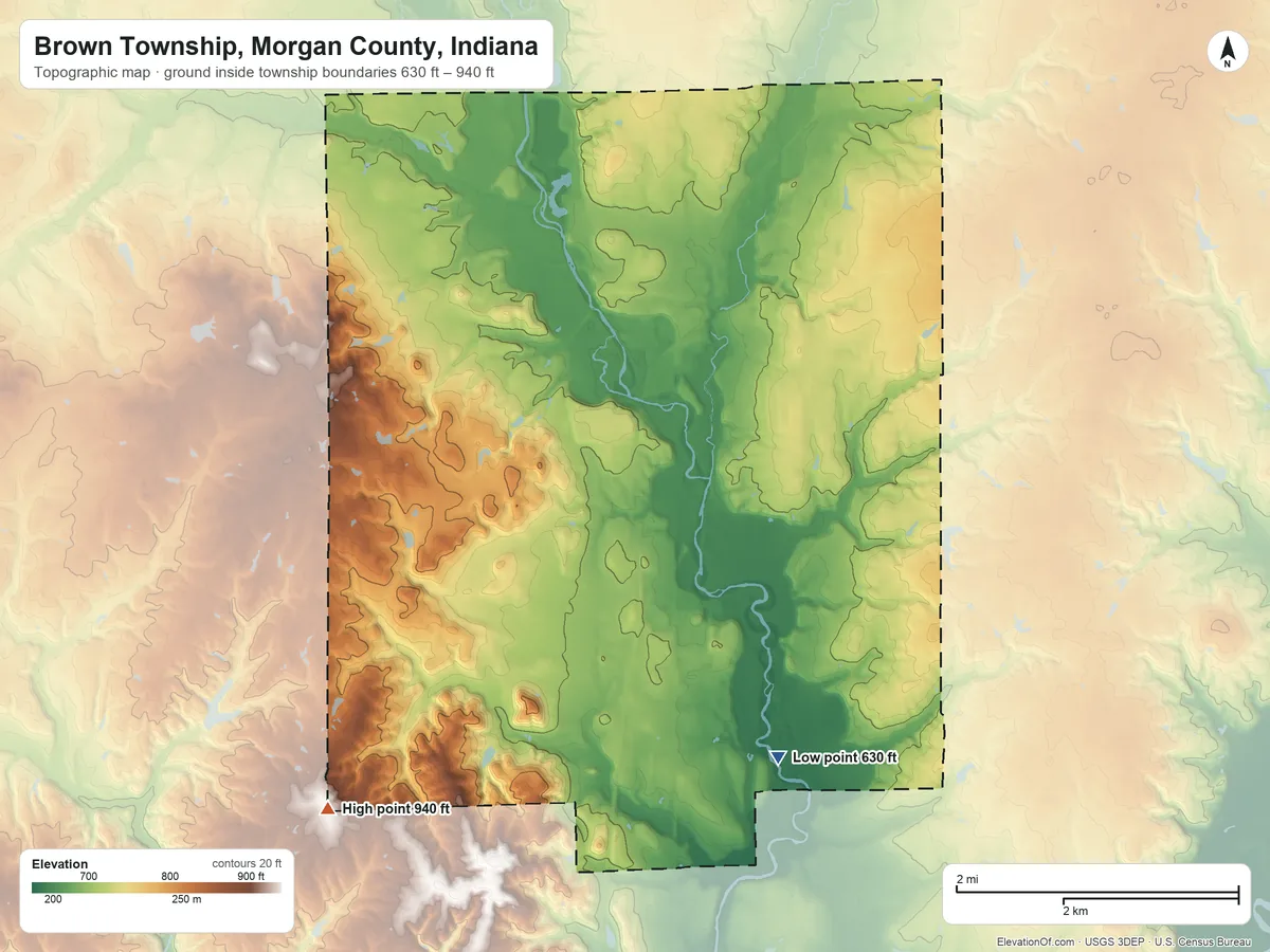 Topographic elevation map of Brown Township, Morgan County, Indiana, shaded from 630 ft on the south side to 940 ft on the southwest side