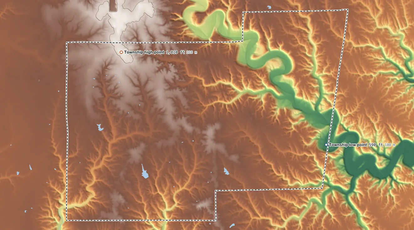 Topographic elevation map of Brown Township, Ripley County, Indiana, shaded from 590 ft on the east side to 1,010 ft on the northwest side