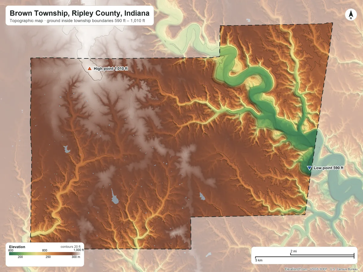 Topographic elevation map of Brown Township, Ripley County, Indiana, shaded from 590 ft on the east side to 1,010 ft on the northwest side