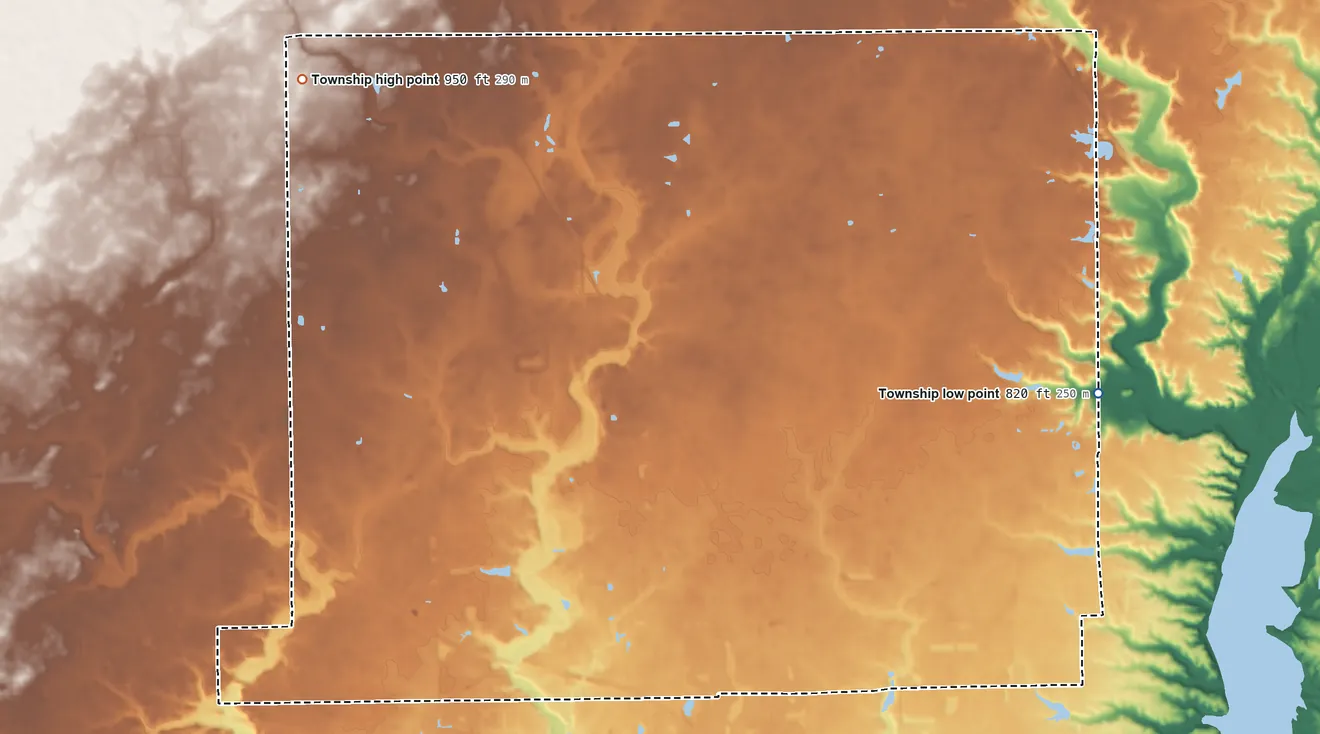 Topographic elevation map of Brown Township, Indiana, shaded from 820 ft on the east side to 950 ft on the northwest side