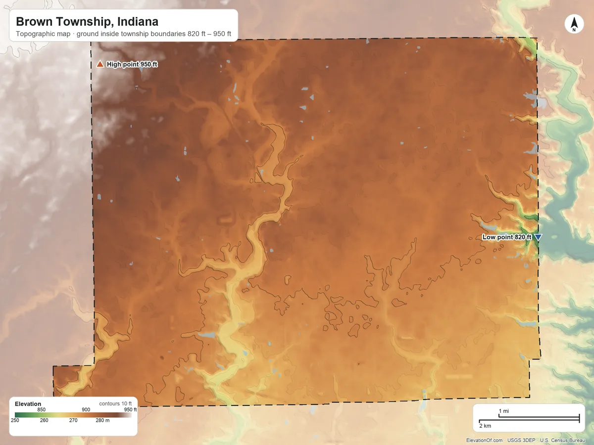 Topographic elevation map of Brown Township, Indiana, shaded from 820 ft on the east side to 950 ft on the northwest side