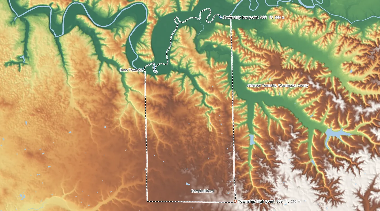Topographic elevation map of Brown Township, Washington County, Indiana, shaded from 500 ft on the north side to 860 ft on the southeast side