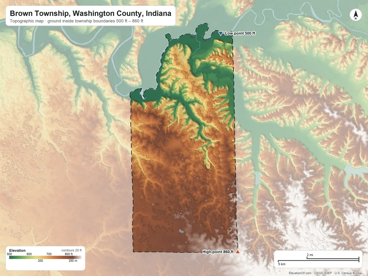 Topographic elevation map of Brown Township, Washington County, Indiana, shaded from 500 ft on the north side to 860 ft on the southeast side