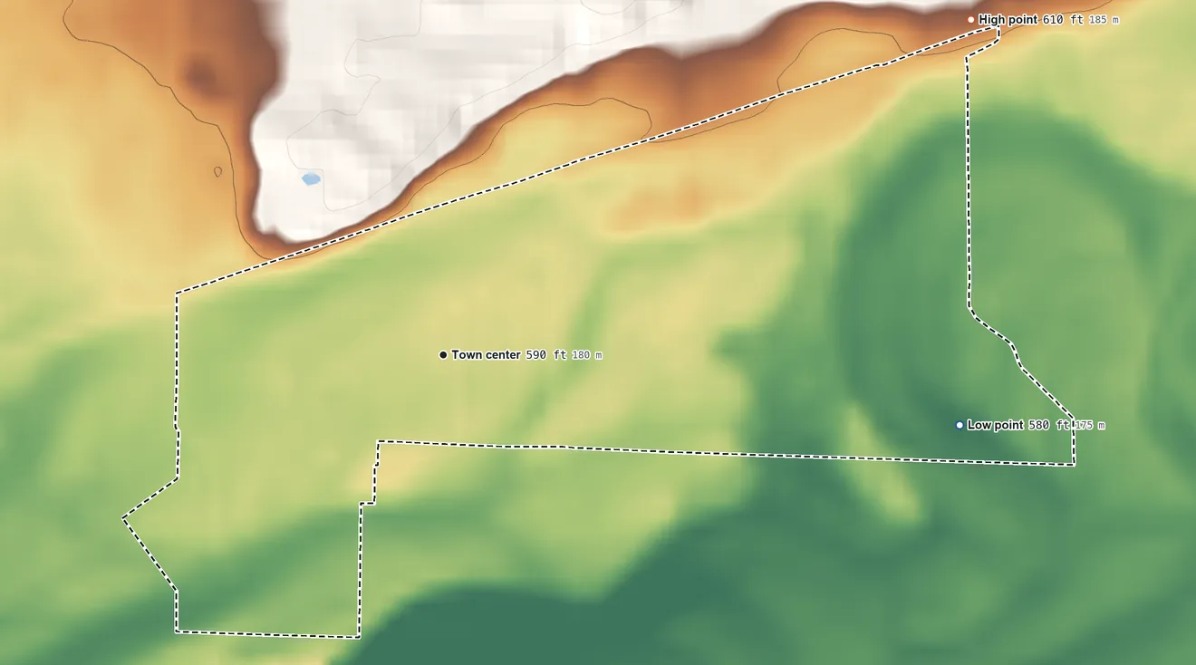 Topographic elevation map of Browns Crossing, Indiana, shaded from 580 ft on the east side to 610 ft on the northeast side