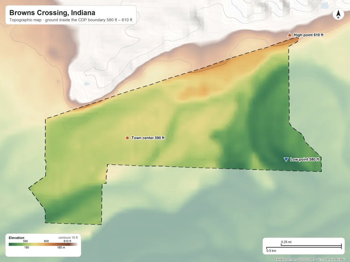 Topographic elevation map of Browns Crossing, Indiana, shaded from 580 ft on the east side to 610 ft on the northeast side