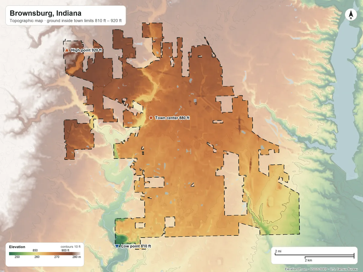 Topographic elevation map of Brownsburg, Indiana, shaded from 810 ft on the south side to 920 ft on the northwest side