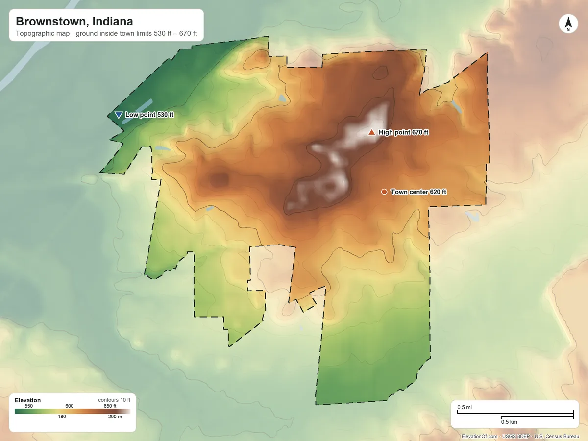 Topographic elevation map of Brownstown, Indiana, shaded from 530 ft on the west side to 670 ft on the north side