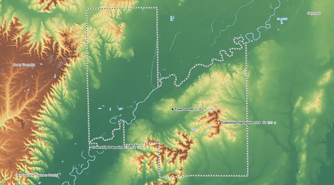 Topographic elevation map of Brownstown Township, Indiana, shaded from 530 ft on the southwest side to 980 ft on the east side