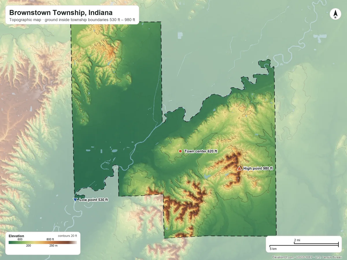 Topographic elevation map of Brownstown Township, Indiana, shaded from 530 ft on the southwest side to 980 ft on the east side