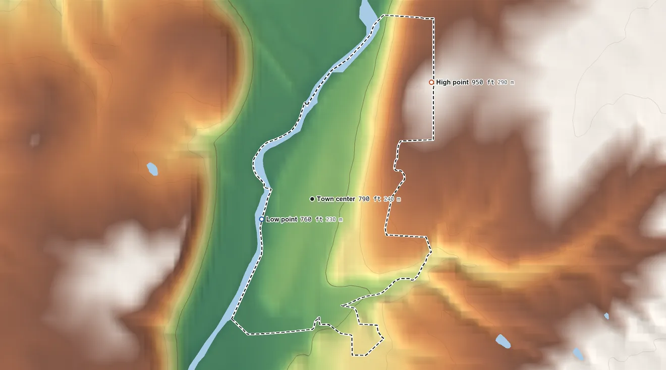 Topographic elevation map of Brownsville, Indiana, shaded from 760 ft on the west side to 950 ft on the northeast side
