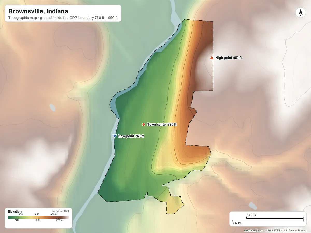 Topographic elevation map of Brownsville, Indiana, shaded from 760 ft on the west side to 950 ft on the northeast side