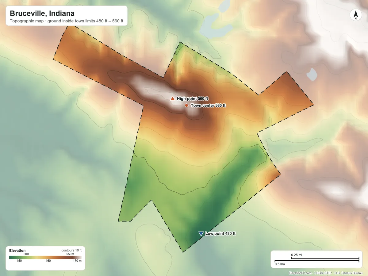 Topographic elevation map of Bruceville, Indiana, shaded from 480 ft on the south side to 560 ft near the middle
