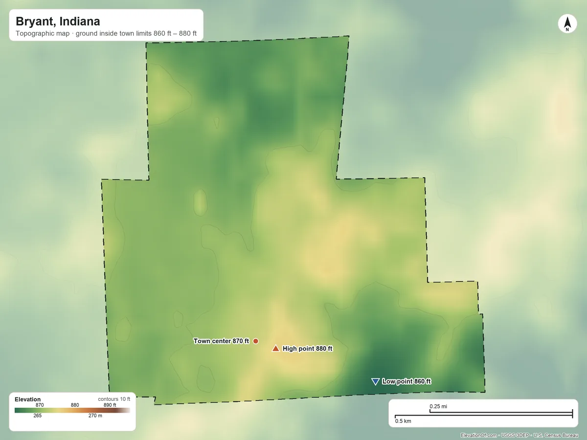 Topographic elevation map of Bryant, Indiana, shaded from 860 ft on the east side to 880 ft near the middle