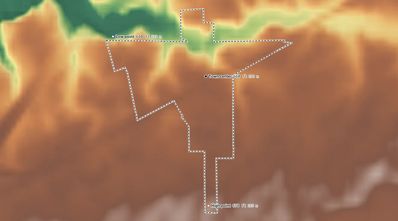 Topographic elevation map of Buck Creek, Indiana, shaded from 640 ft on the northwest side to 670 ft on the south side