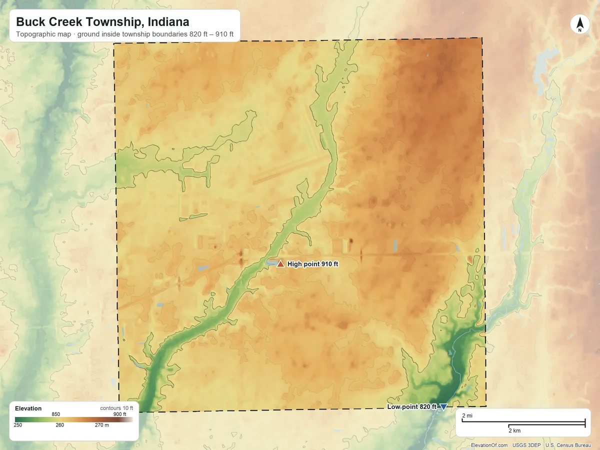 Topographic elevation map of Buck Creek Township, Indiana, shaded from 820 ft on the southeast side to 910 ft on the east side