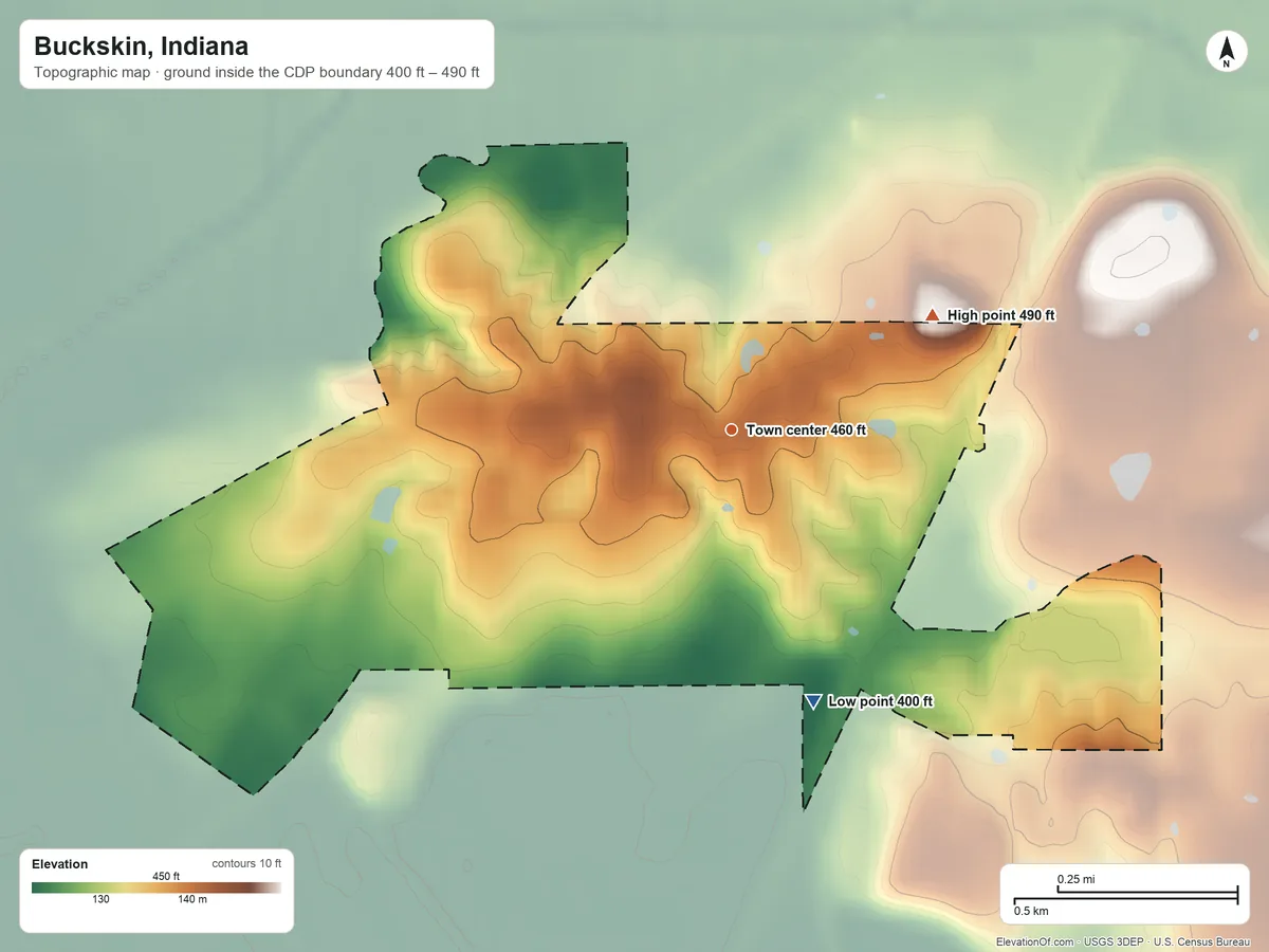 Topographic elevation map of Buckskin, Indiana, shaded from 400 ft on the south side to 490 ft on the northeast side
