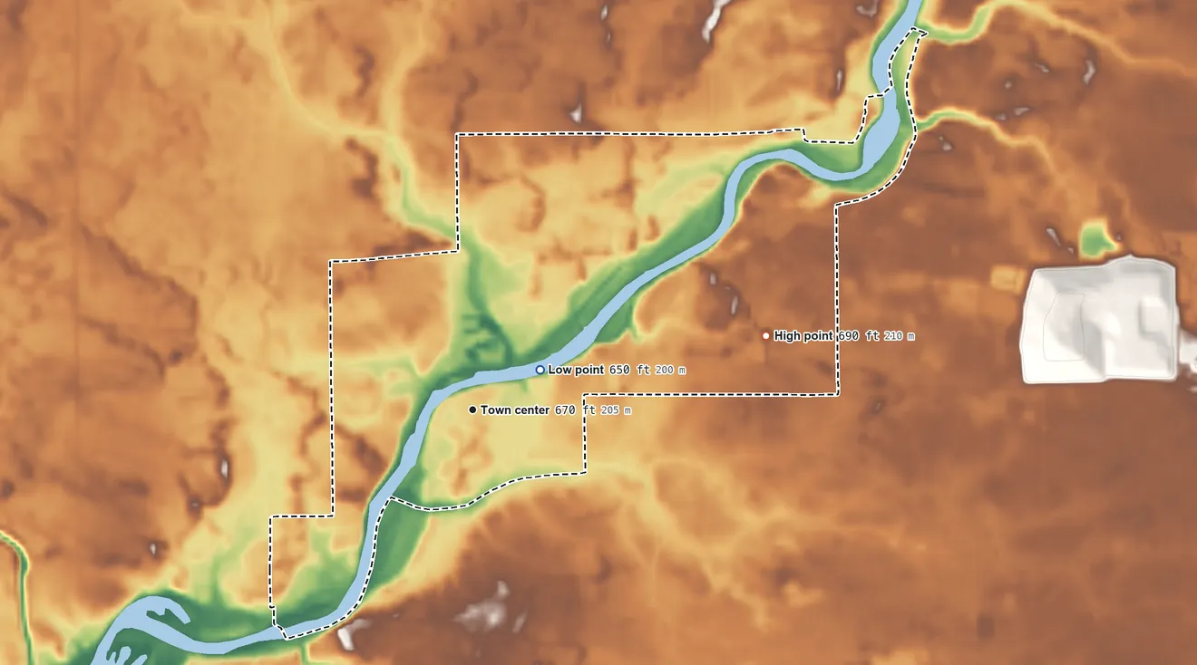 Topographic elevation map of Buffalo, Indiana, shaded from 650 ft near the middle to 690 ft on the east side