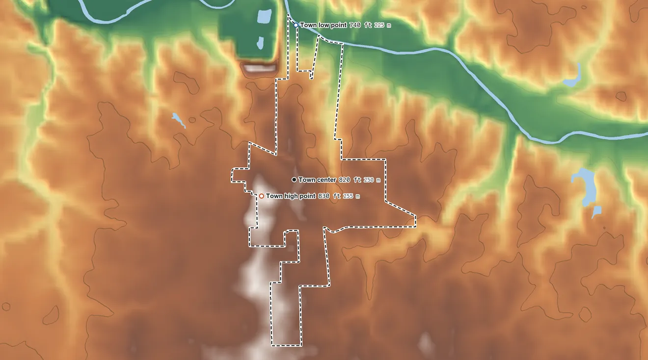 Topographic elevation map of Bunker Hill, Indiana, shaded from 740 ft on the north side to 830 ft near the middle