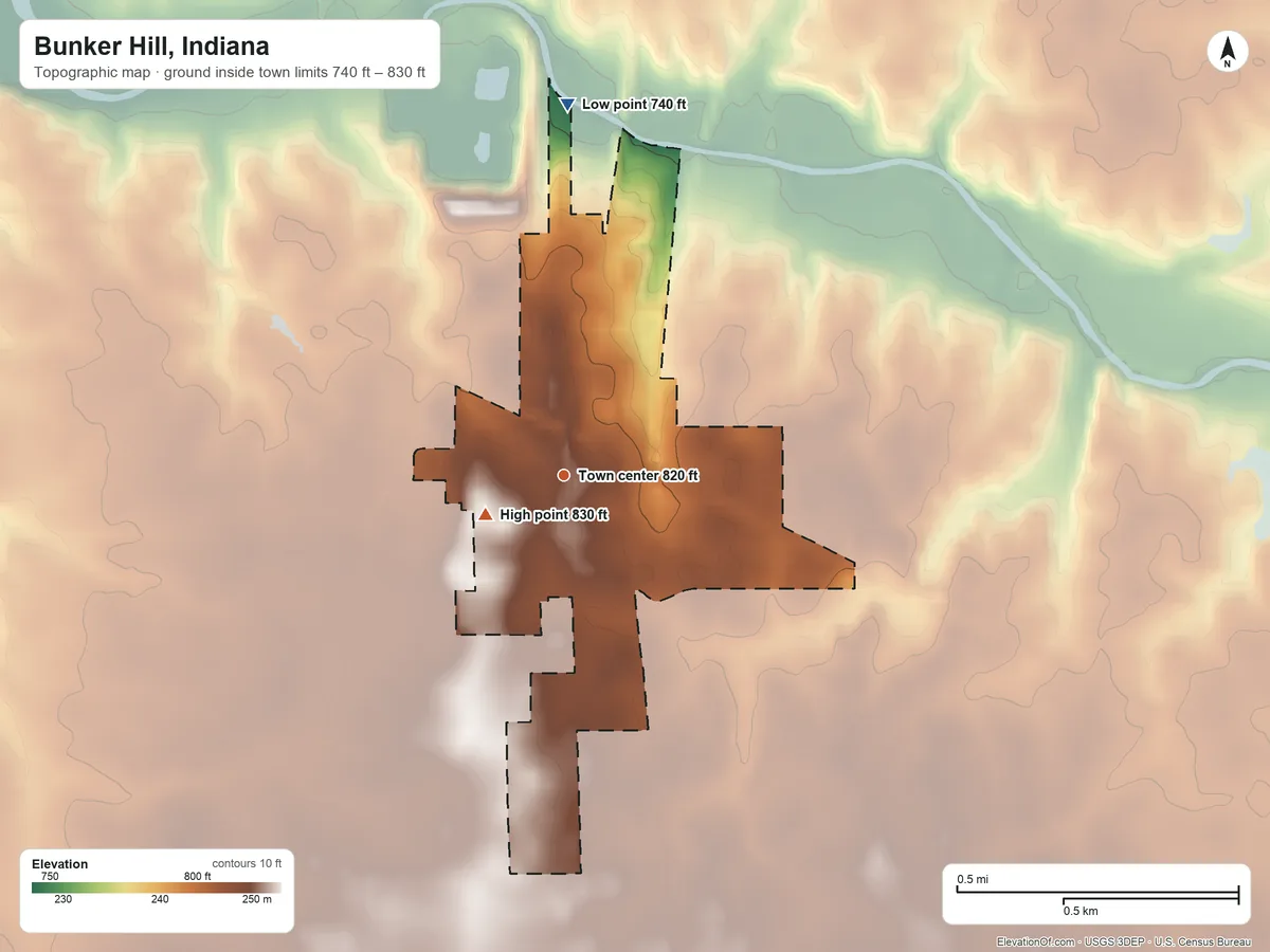 Topographic elevation map of Bunker Hill, Indiana, shaded from 740 ft on the north side to 830 ft near the middle