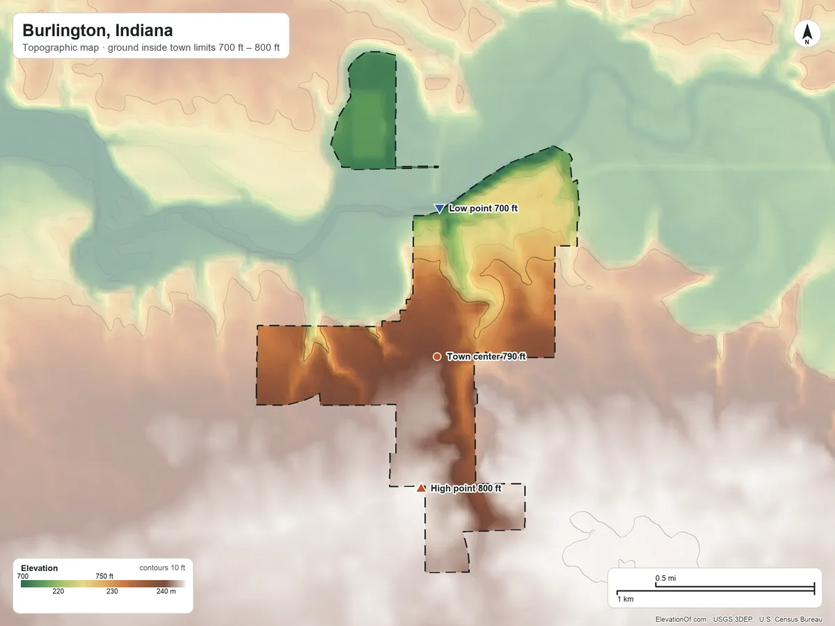 Topographic elevation map of Burlington, Indiana, shaded from 700 ft on the north side to 800 ft on the south side