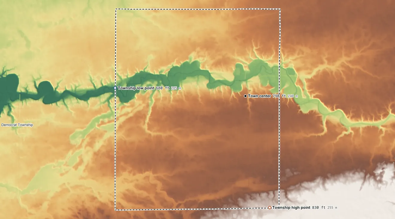 Topographic elevation map of Burlington Township, Indiana, shaded from 680 ft on the west side to 830 ft on the south side