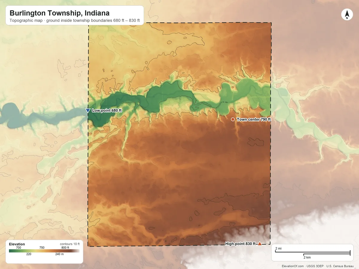 Topographic elevation map of Burlington Township, Indiana, shaded from 680 ft on the west side to 830 ft on the south side
