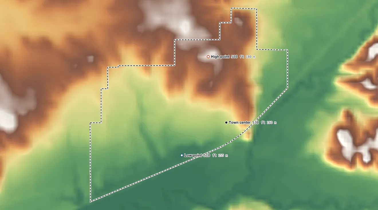 Topographic elevation map of Burnett, Indiana, shaded from 510 ft on the southwest side to 580 ft on the north side