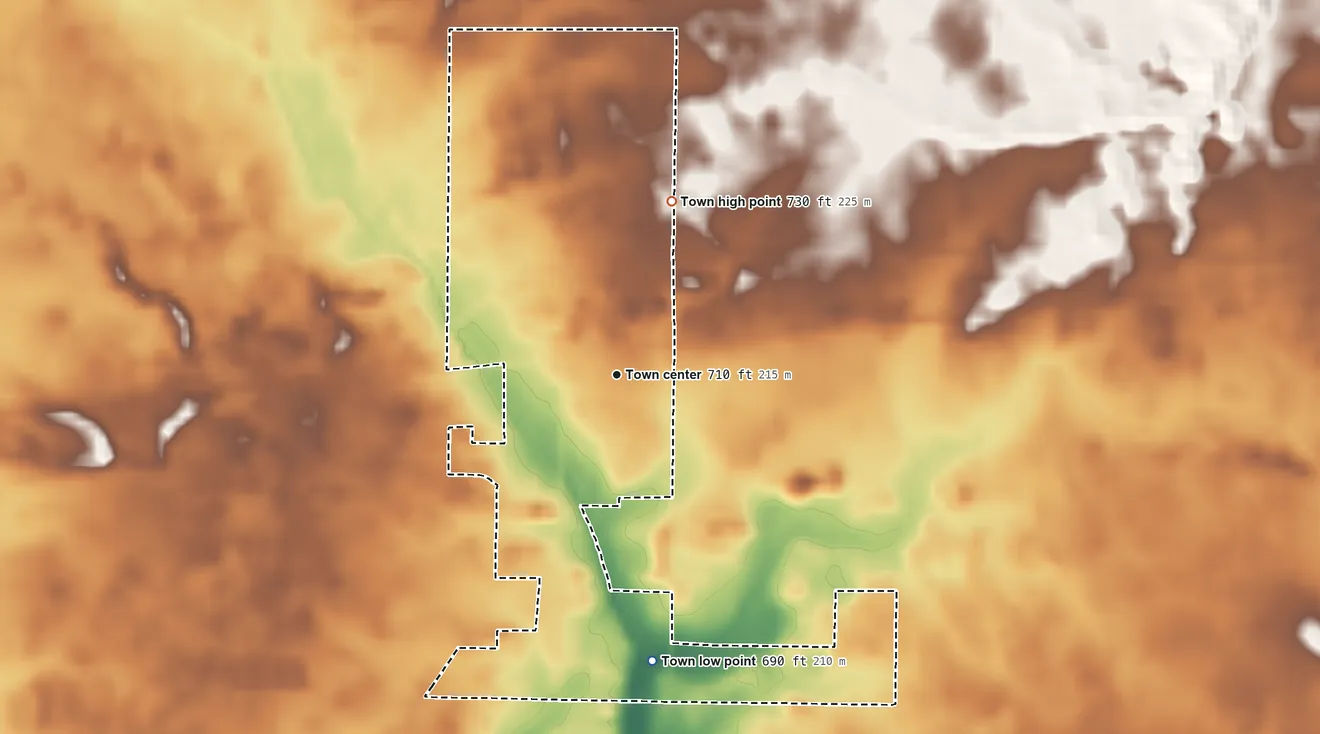 Topographic elevation map of Burnettsville, Indiana, shaded from 690 ft on the south side to 730 ft on the north side