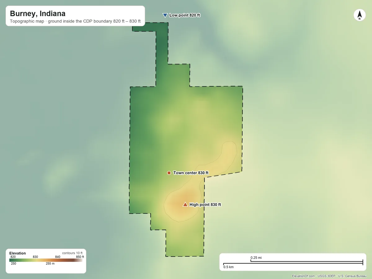 Topographic elevation map of Burney, Indiana, shaded from 820 ft on the north side to 830 ft on the southeast side
