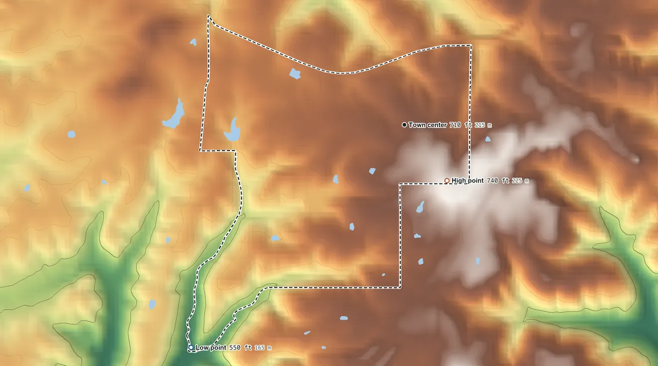 Topographic elevation map of Burns City, Indiana, shaded from 550 ft on the southwest side to 740 ft on the southeast side
