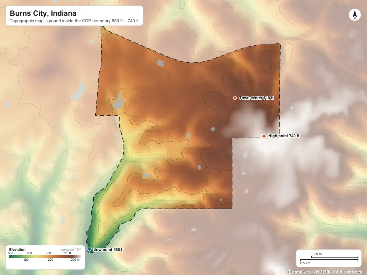 Topographic elevation map of Burns City, Indiana, shaded from 550 ft on the southwest side to 740 ft on the southeast side