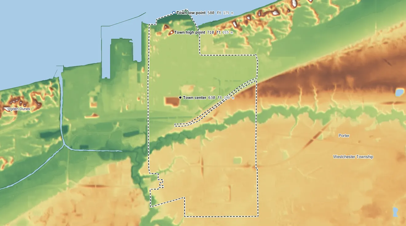 Topographic elevation map of Burns Harbor, Indiana, shaded from 580 ft on the north side to 710 ft on the north side