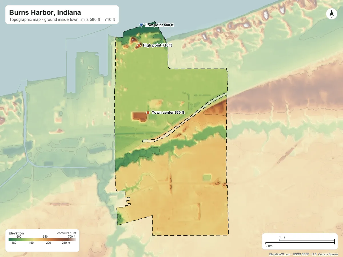 Topographic elevation map of Burns Harbor, Indiana, shaded from 580 ft on the north side to 710 ft on the north side