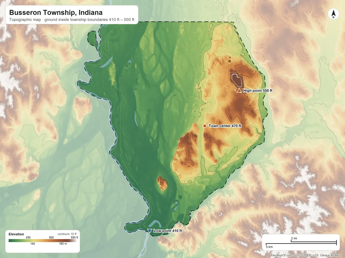 Topographic elevation map of Busseron Township, Indiana, shaded from 410 ft on the southwest side to 550 ft on the northeast side