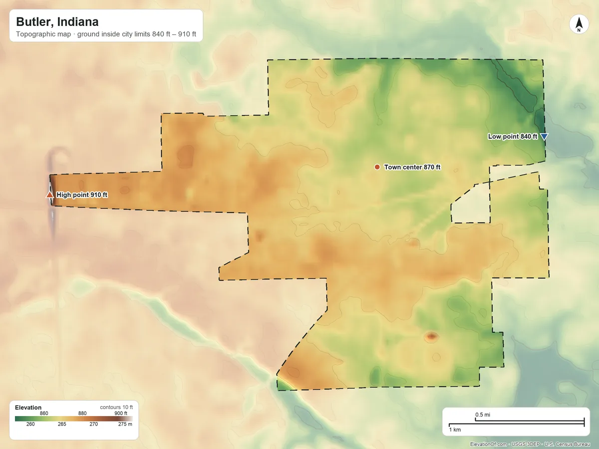 Topographic elevation map of Butler, Indiana, shaded from 840 ft on the east side to 910 ft on the west side